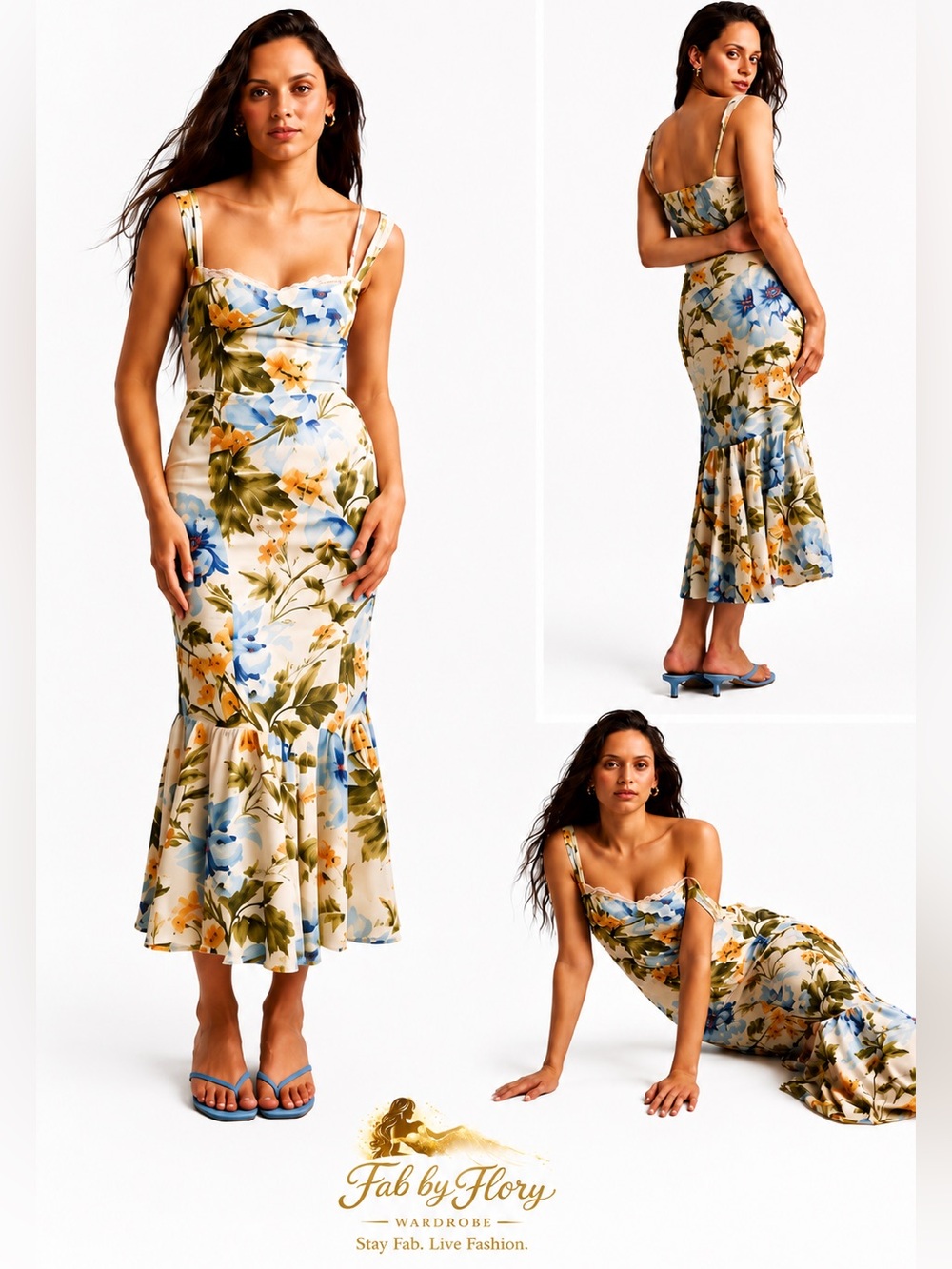 Reformation ✨ Irisa Floral Lace-Trim Midi Dress in Cream and Blue